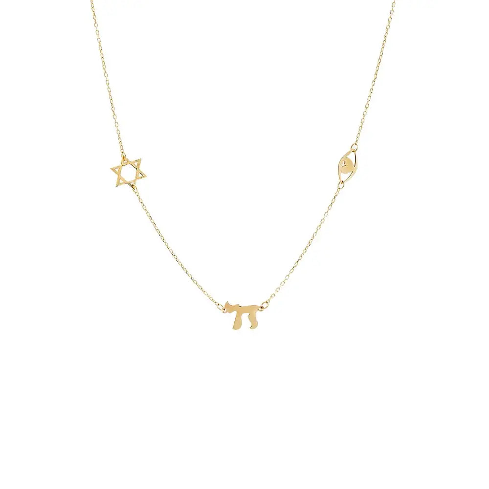 14k gold Star of David, eye, chai charm necklace