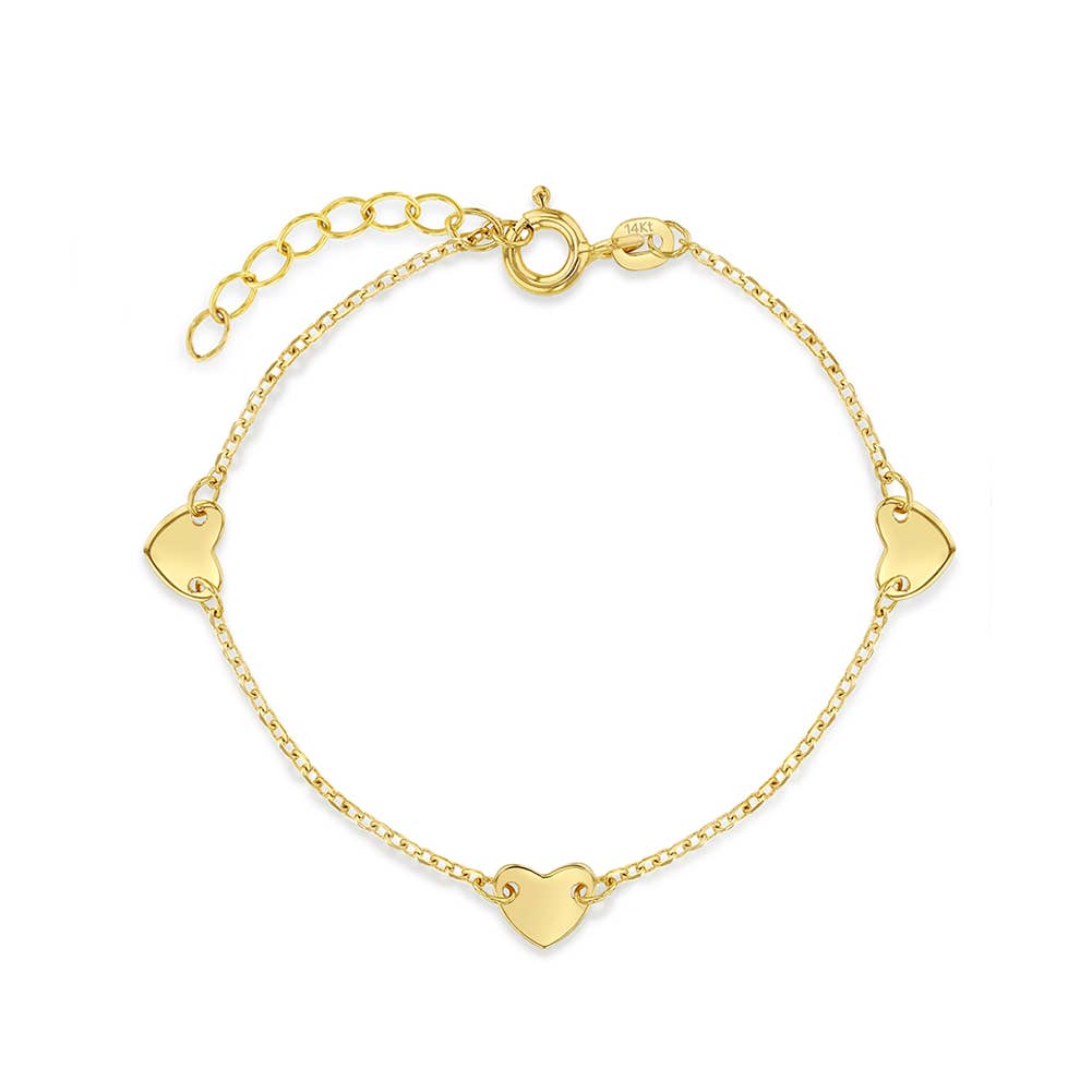 14k Gold 5-6" Polished Heart Charm Girls Bracelet