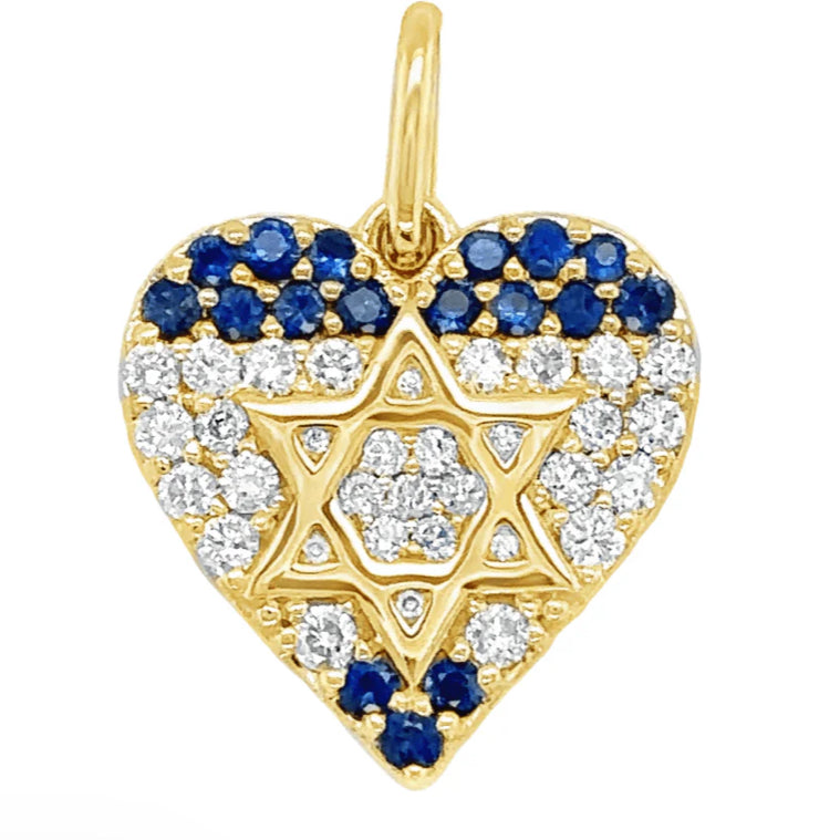 14K Gold Diamonds & Sapphires Israel Flag Heart Pendant