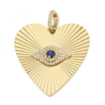 14k Yellow Gold Lines / Fluted Evil Eye Heart Necklace Charm