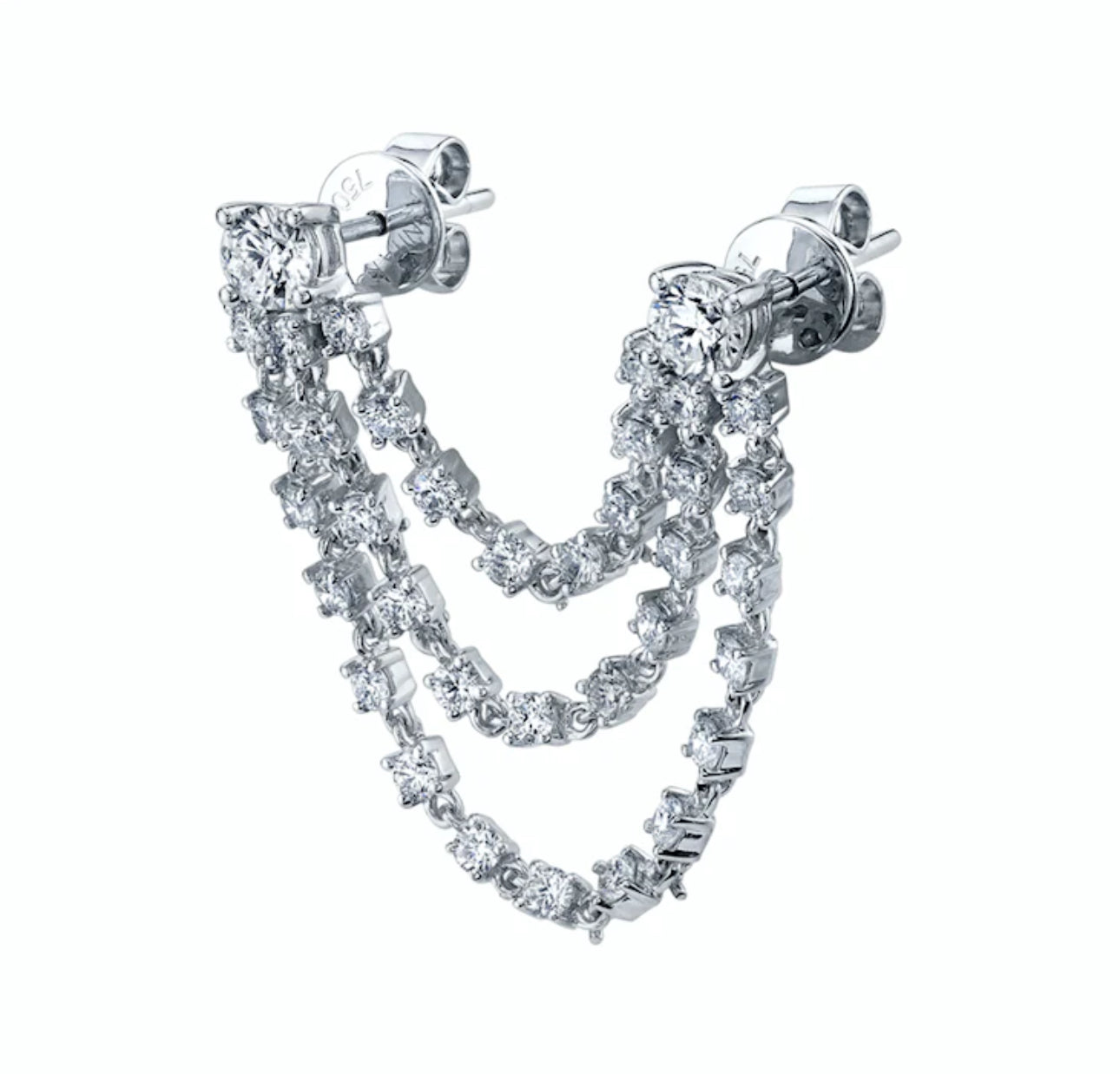 14k White Gold Triple Diamond String Double Connected Earrings