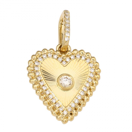 14k Yellow Gold Lines / Fluted Diamond Heart Diamond Necklace Charm