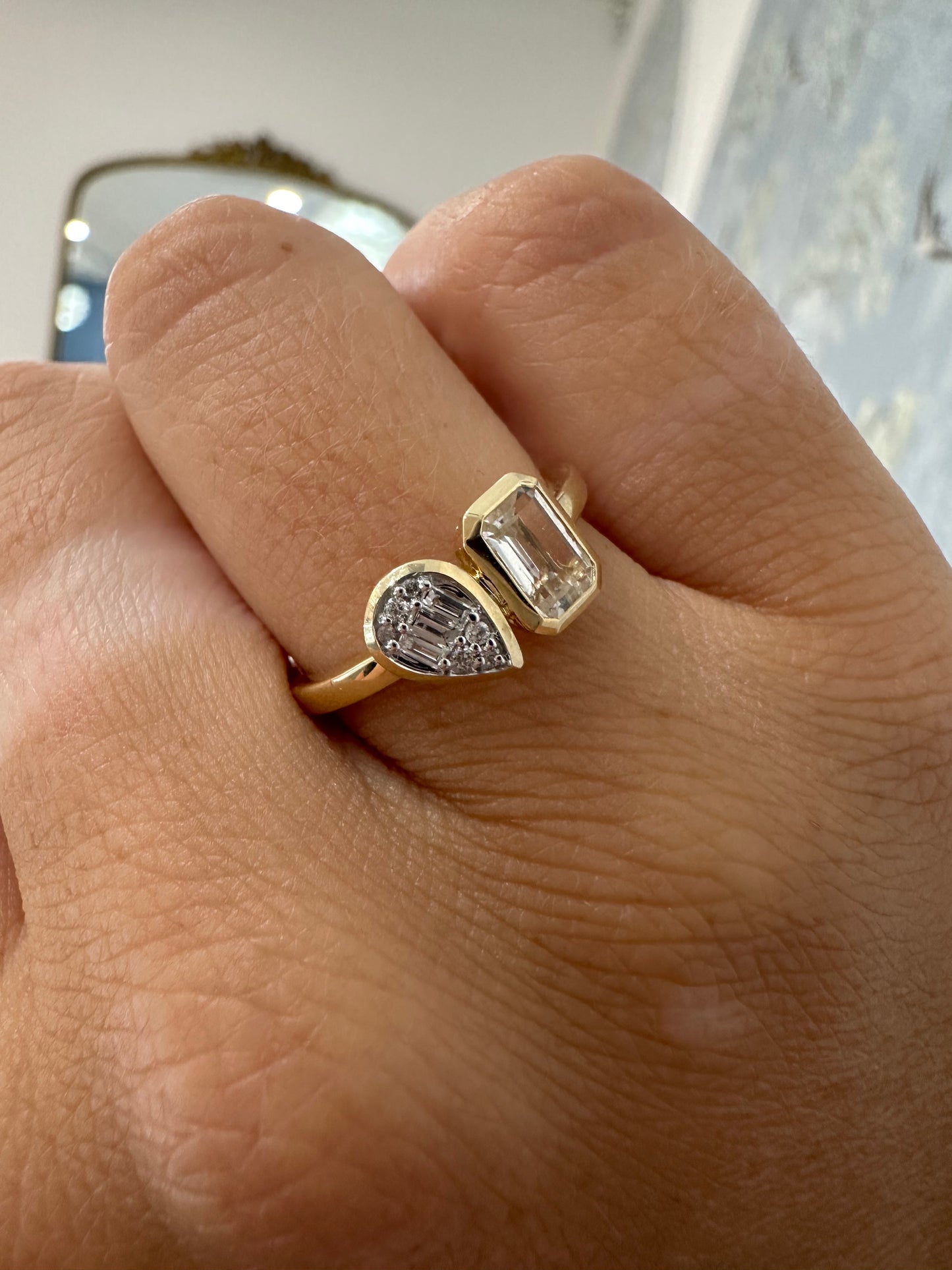 14k Yellow Gold Pear and Emerald Double Stone Ring