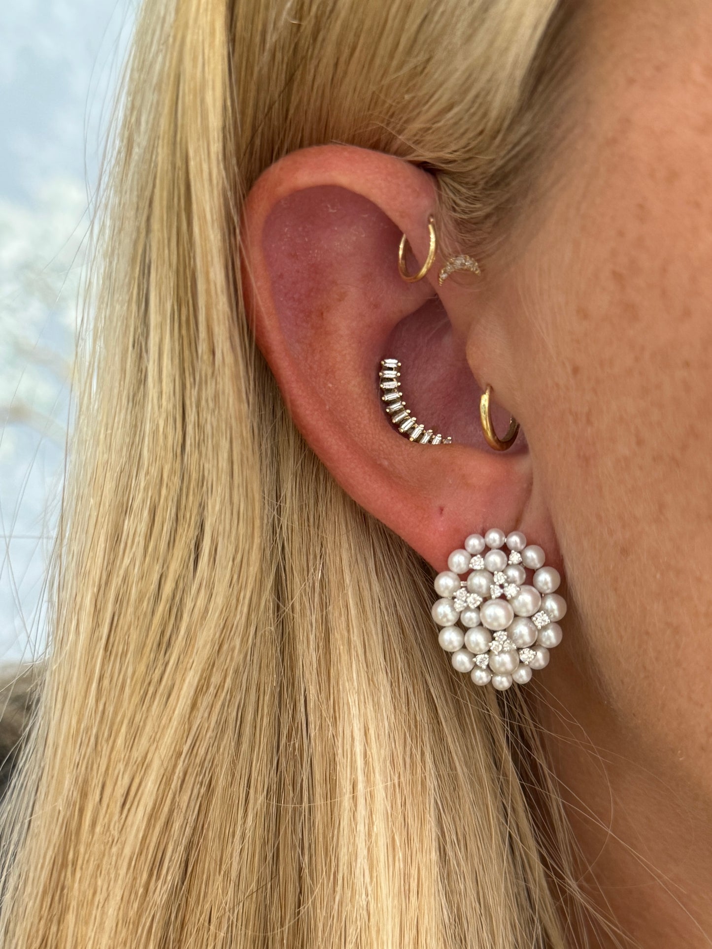 14K Pearl and Diamond Cluster Studs