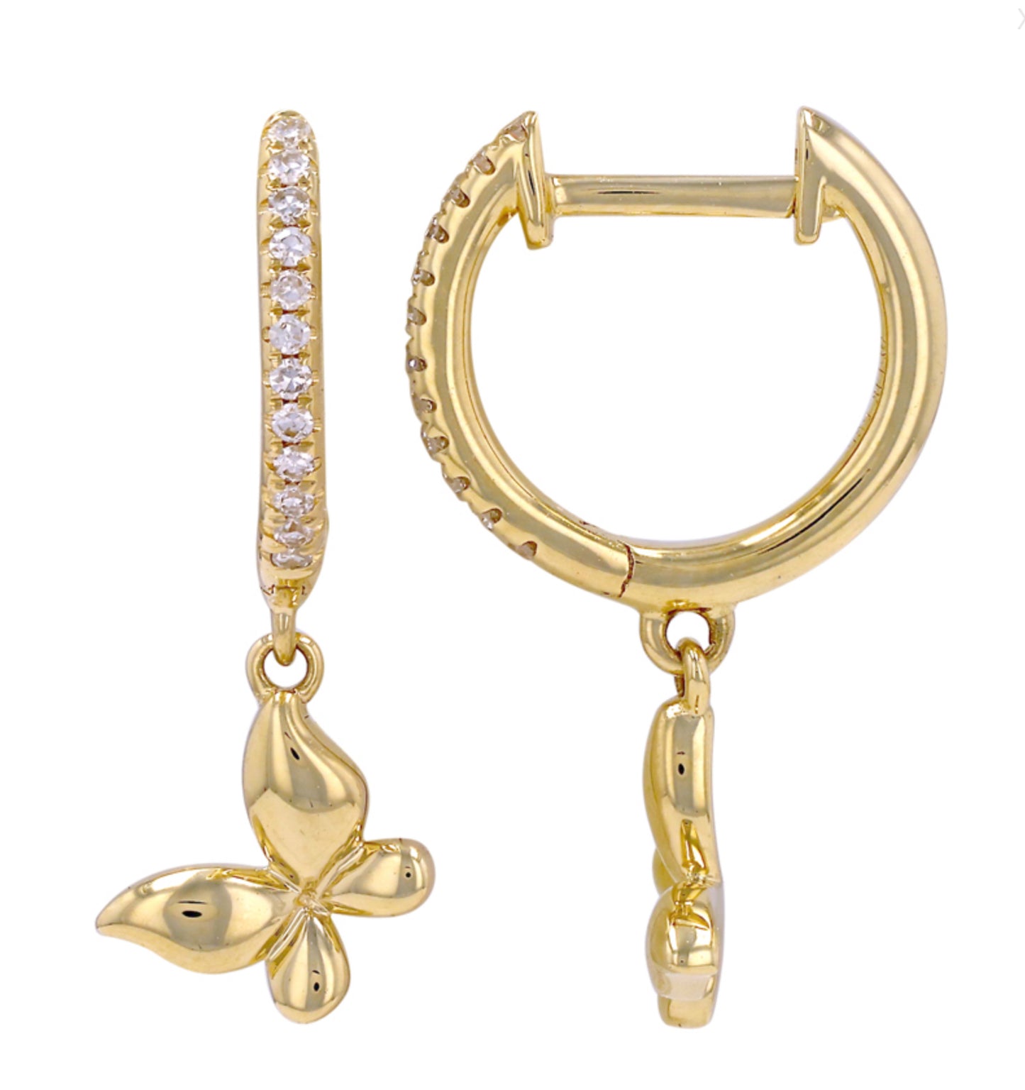 14k Yellow Gold Butterfly Dangle Diamond Huggie Earrings