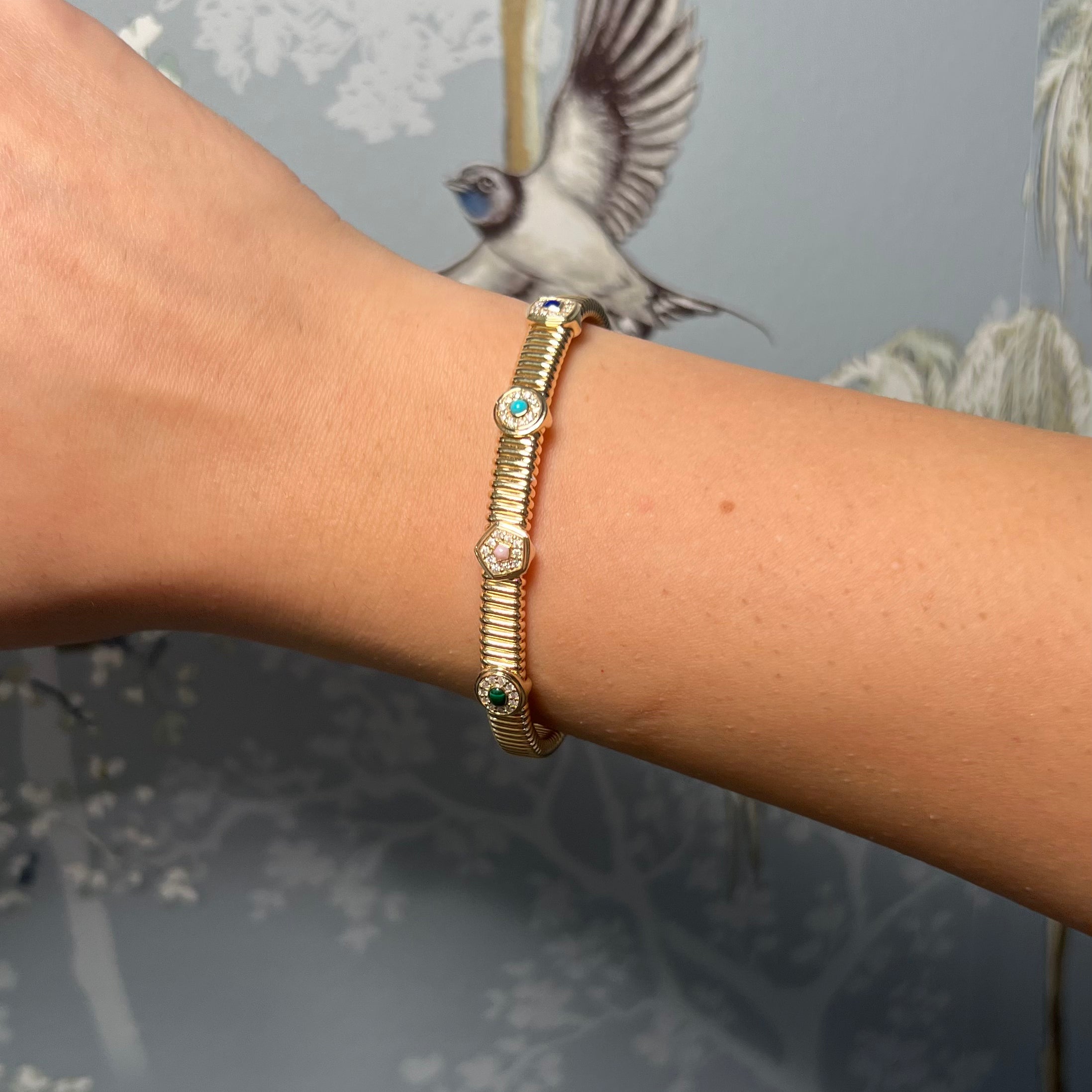 14K Yellow Gold Multi Shape and Color Tobogas Bangle