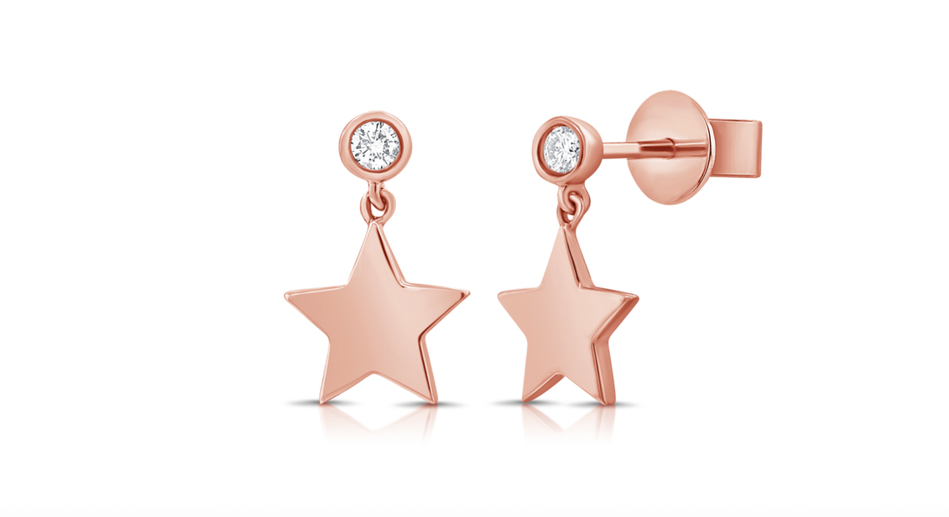 14k Gold Diamond Hanging Star Earrings