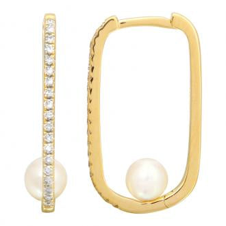 14k Yellow Gold Pearl Hoop Earrings