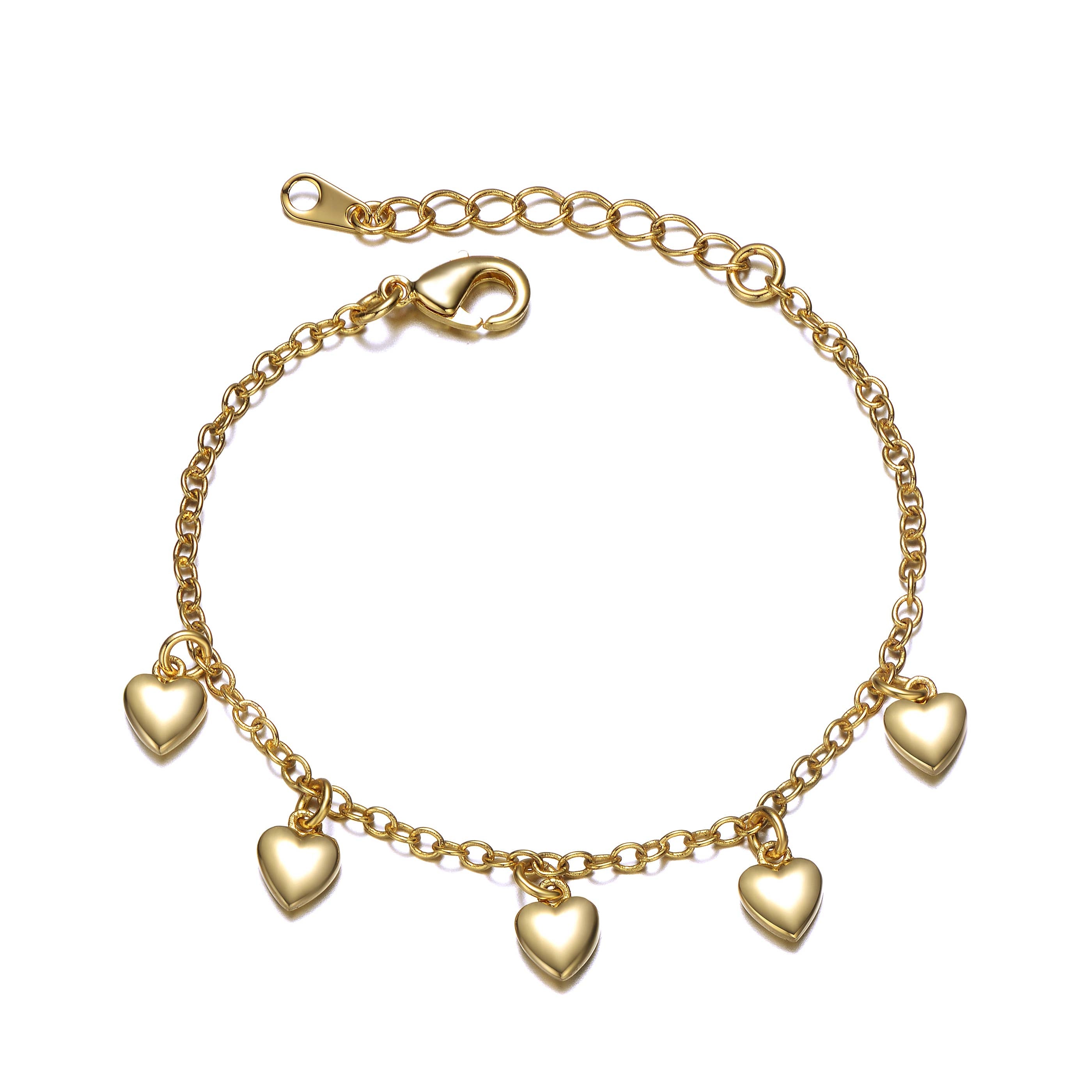 14K Yellow Gold Plated Bracelet with Dangling Heart Charms for Kids