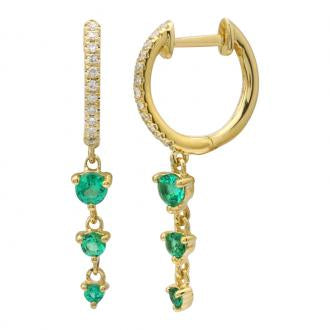 14k Yellow Gold Emerald Dangling Diamond Huggie Earrings