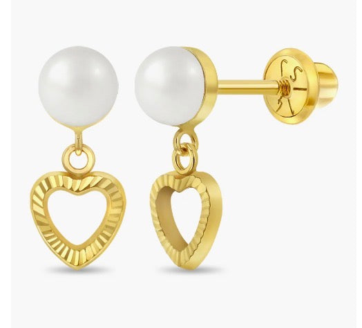 14k Pearl Heart Dangle Girl Earrings