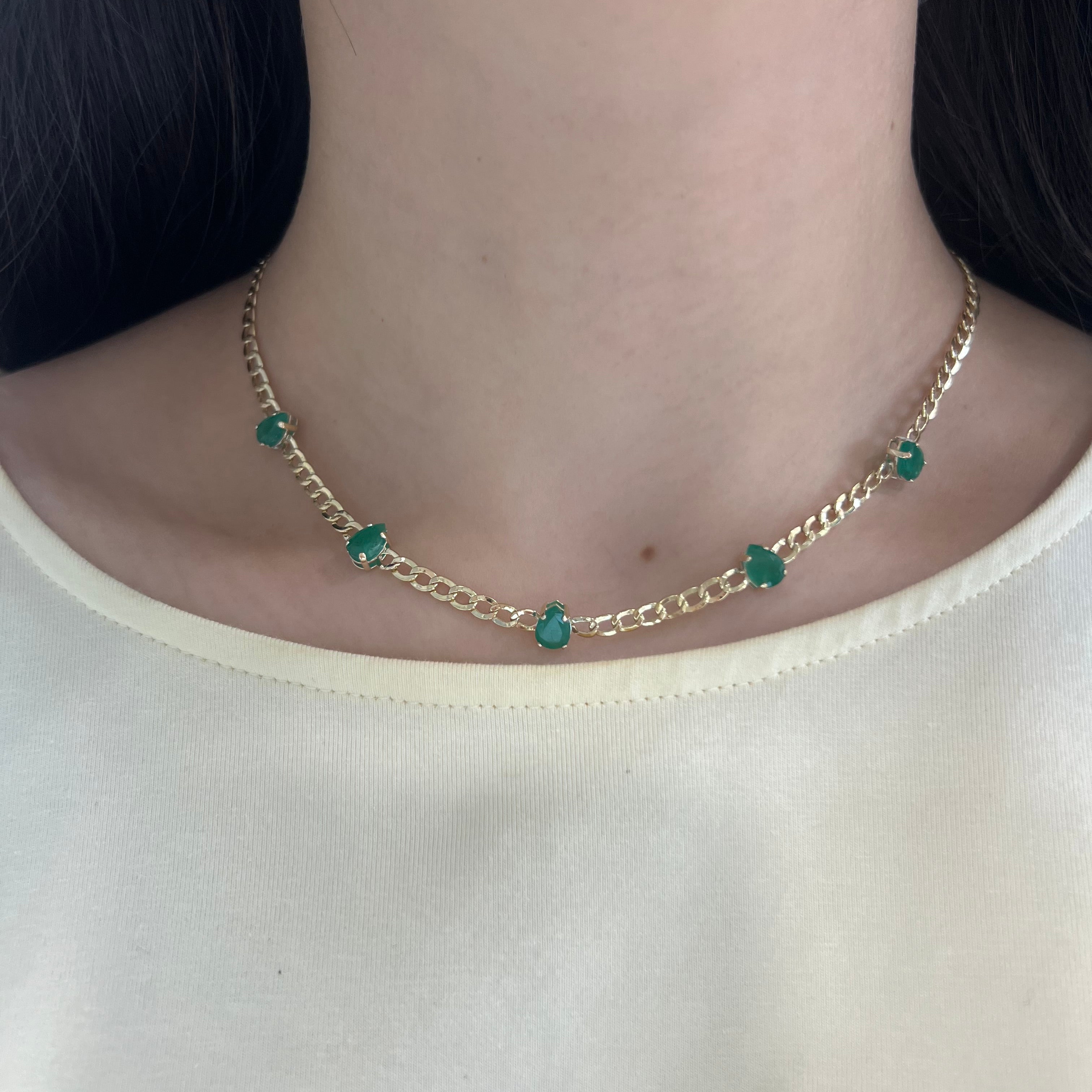 14k Cuban Link Necklace with Emeralds