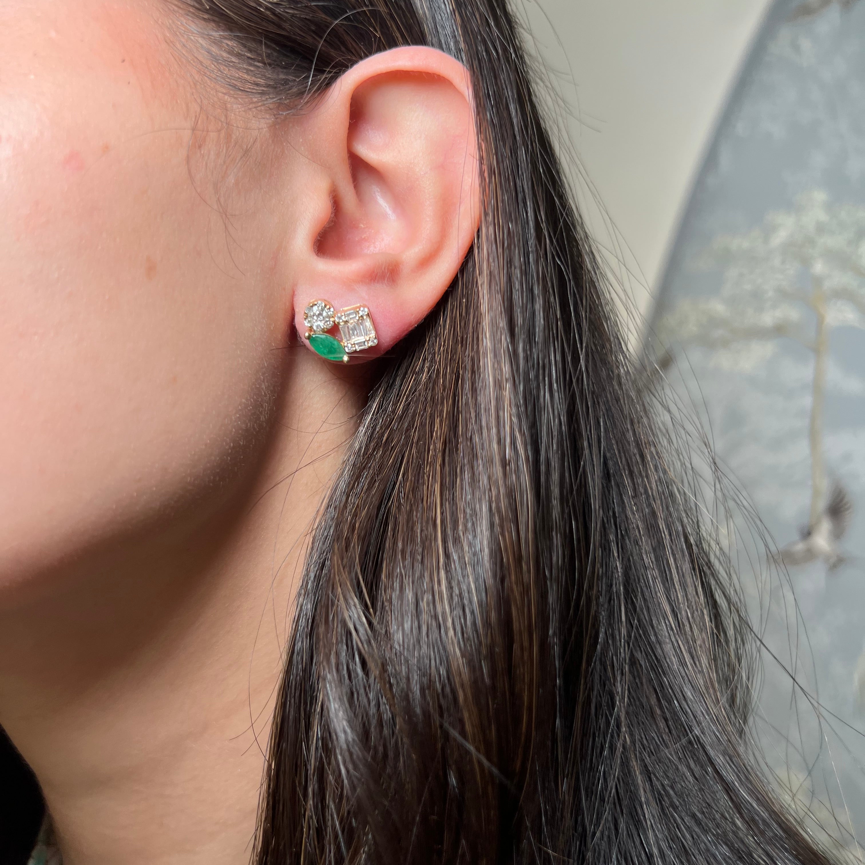 14k Yellow Gold Diamond and Colored Stone Cluster Earring