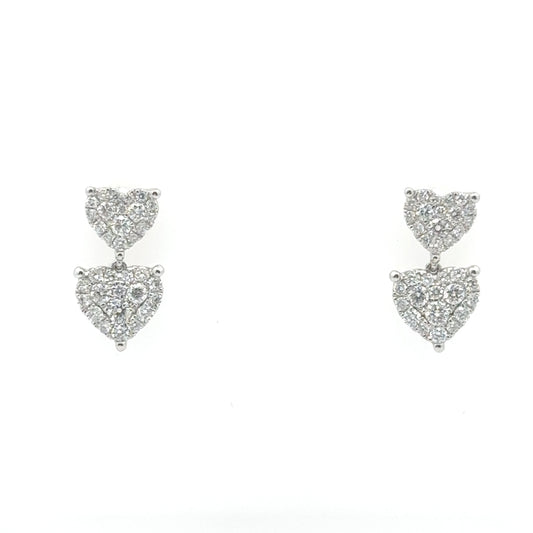 14k White Gold and Diamond Double Heart Earrings