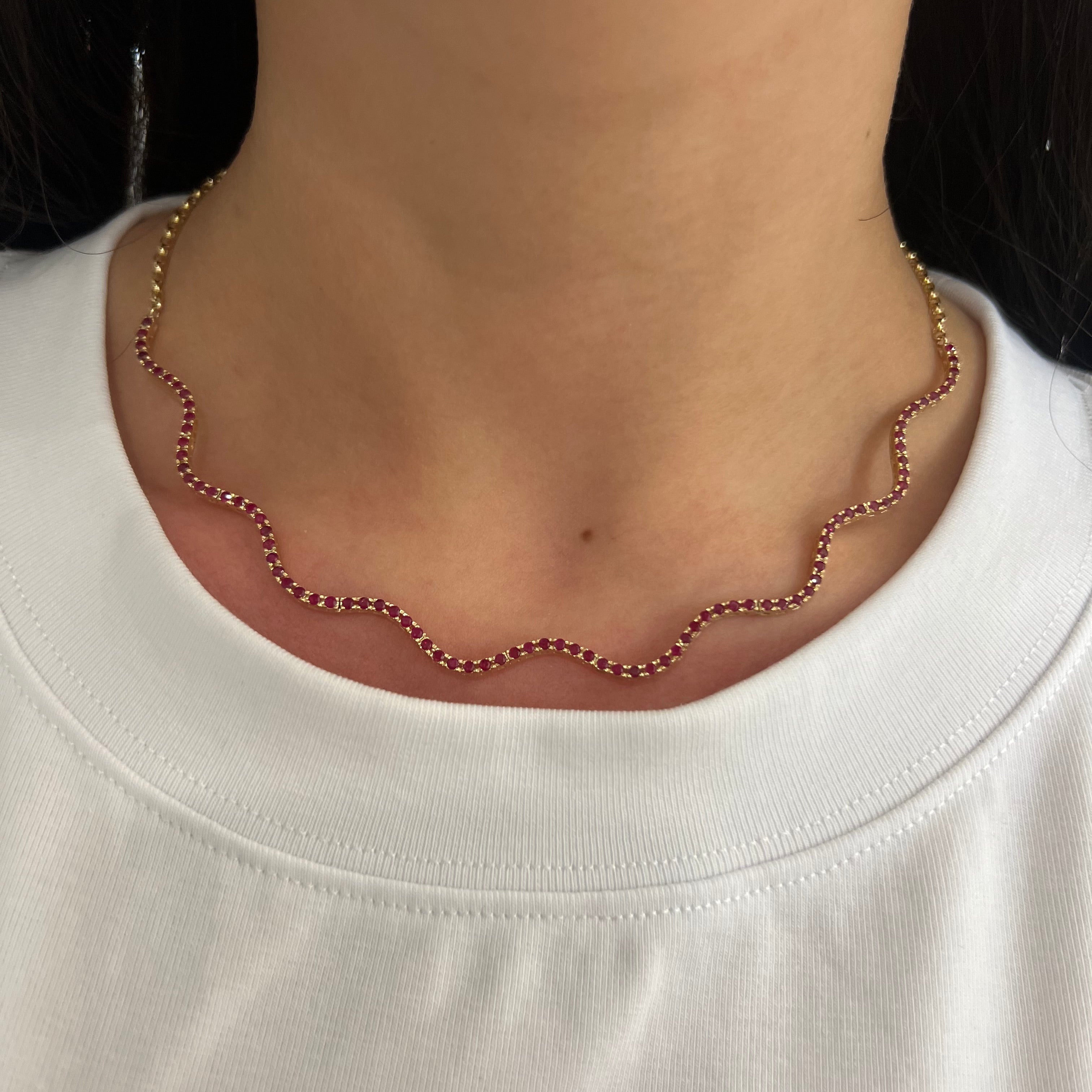 14k Yellow Gold Ruby Wave Tennis Necklace