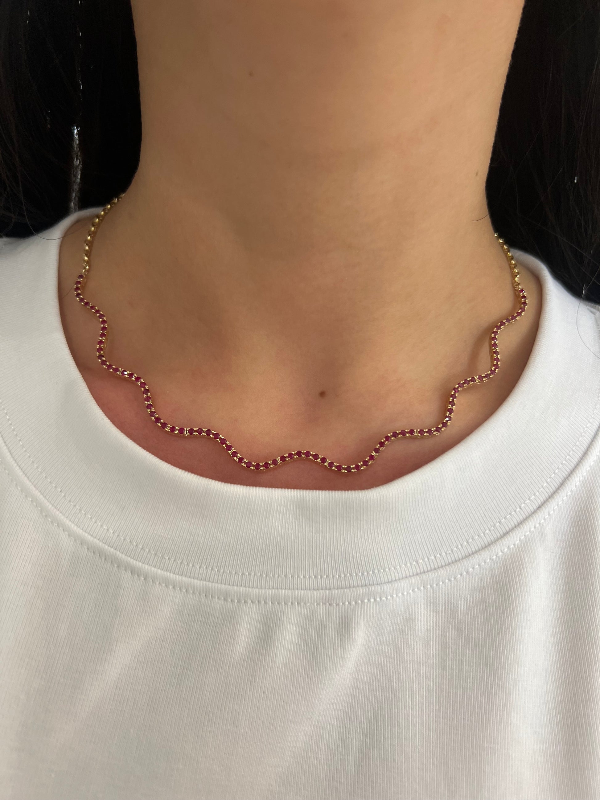 14k Yellow Gold Ruby Wave Tennis Necklace