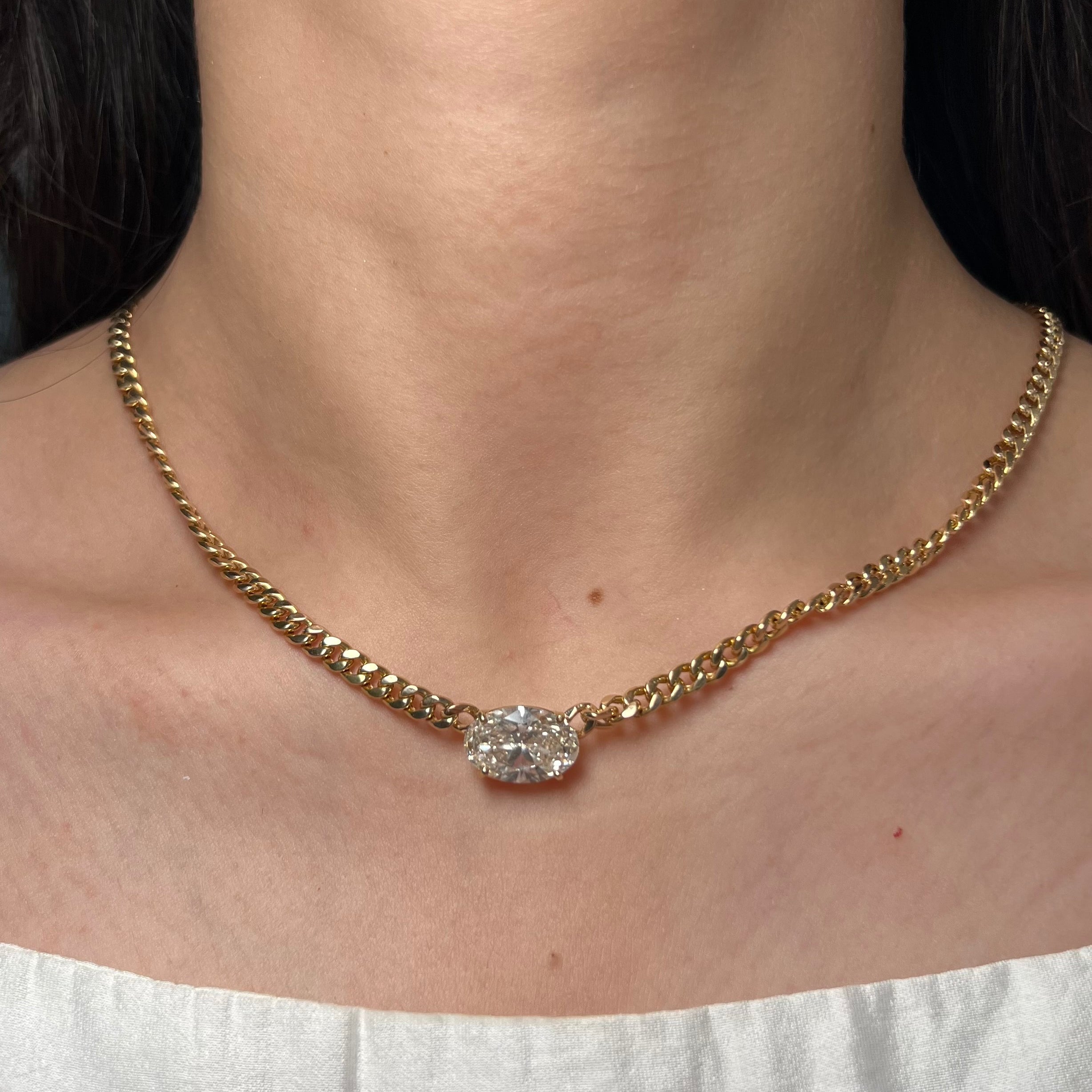 14K Yellow Gold Cuban Necklace With Oval Lab Diamond Solitaire Center