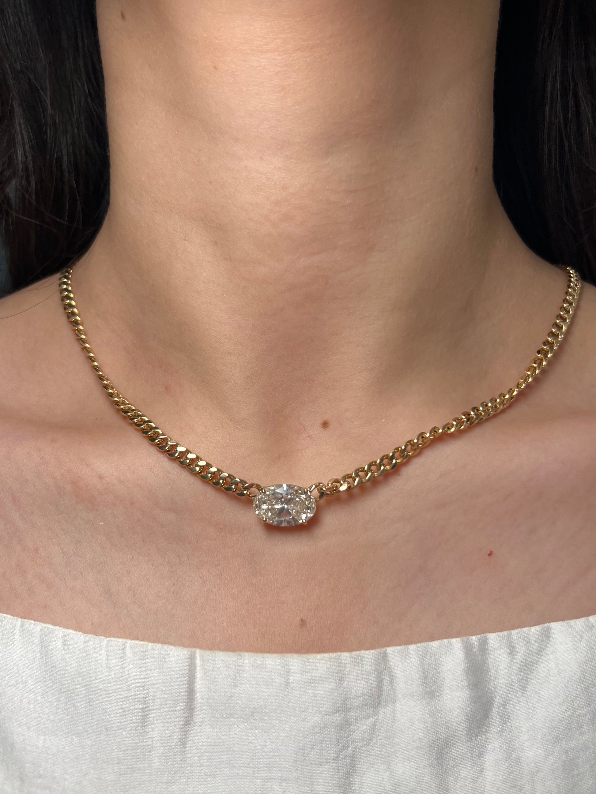14K Yellow Gold Cuban Necklace With Oval Lab Diamond Solitaire Center