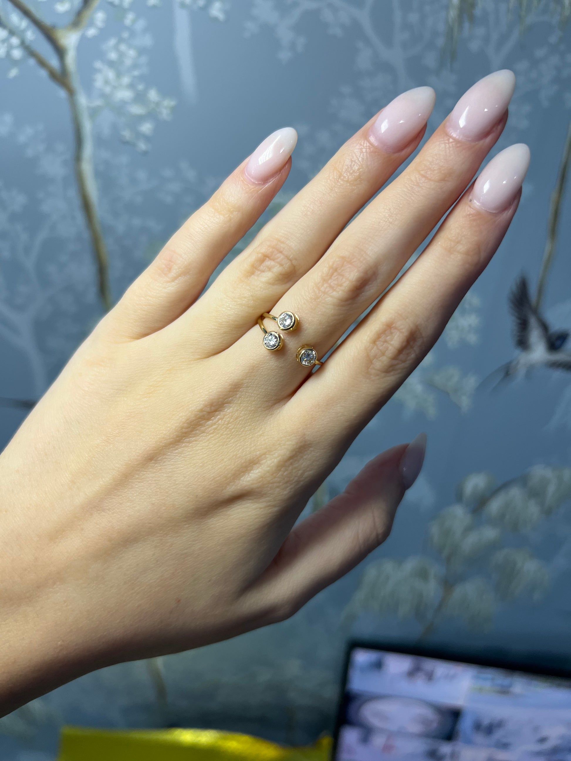 14k Yellow Gold Open Ring with Three Bezeled Diamonds