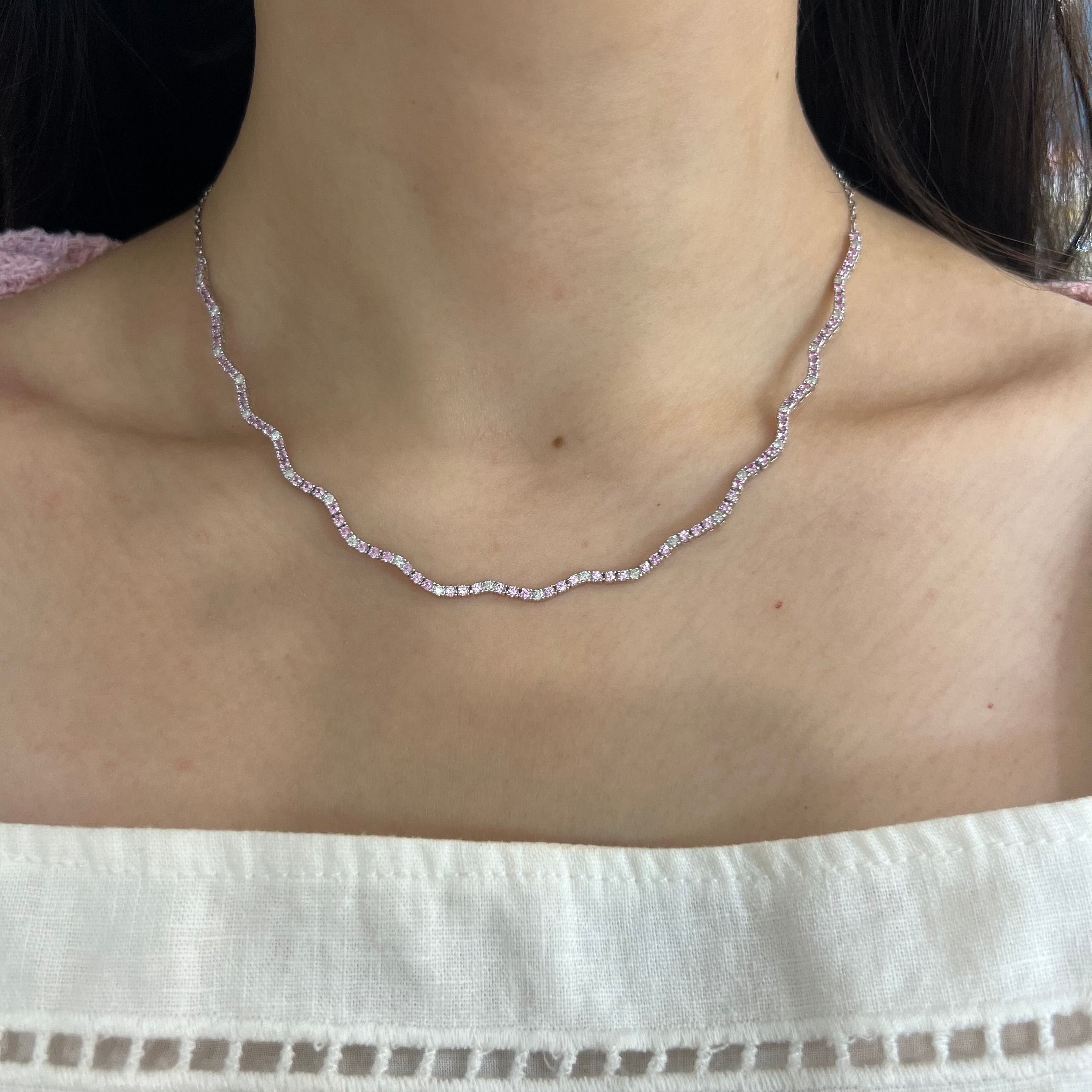 Pink Sapphire and Diamond Wave Tennis Necklace
