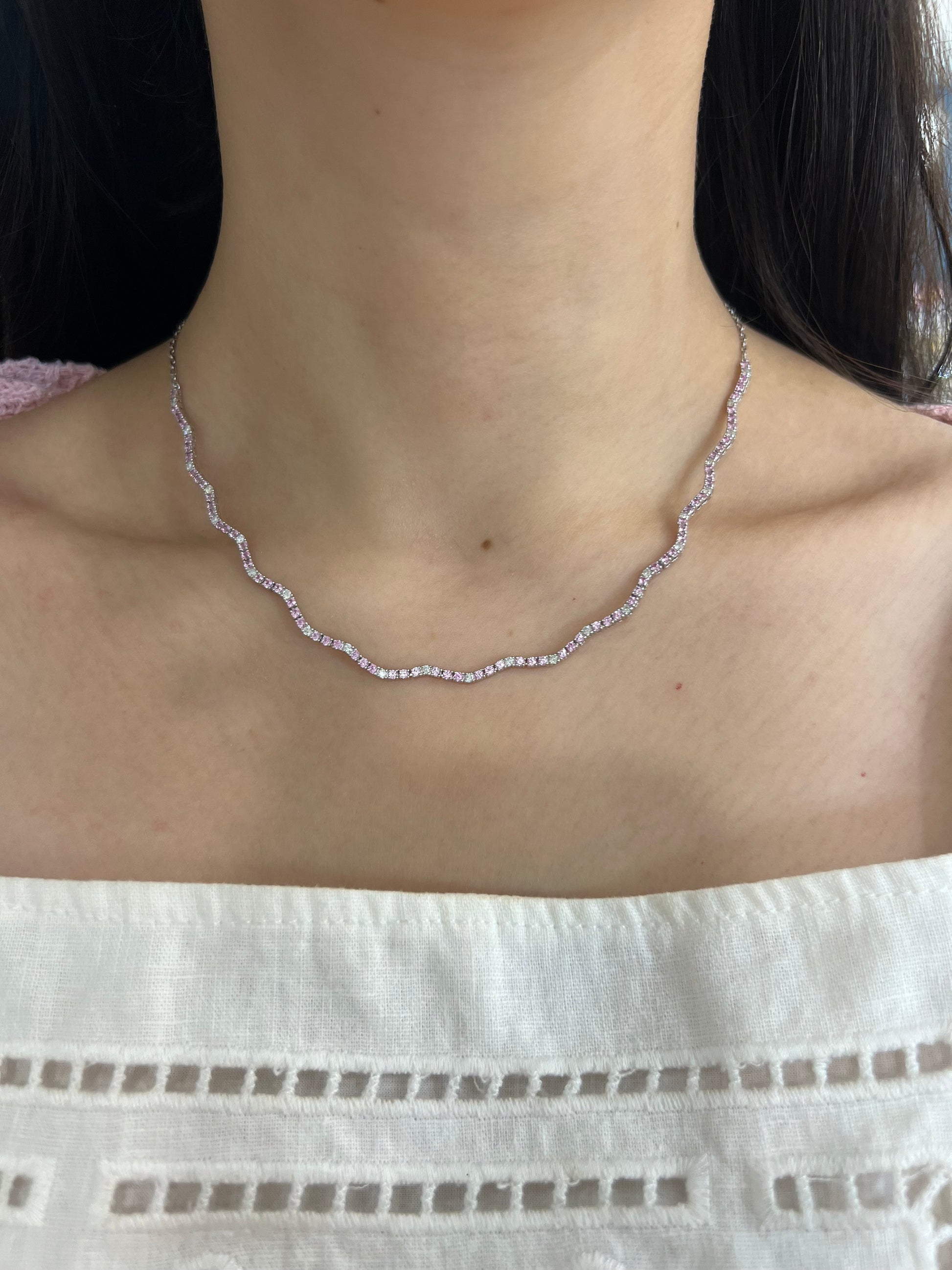 Pink Sapphire and Diamond Wave Tennis Necklace