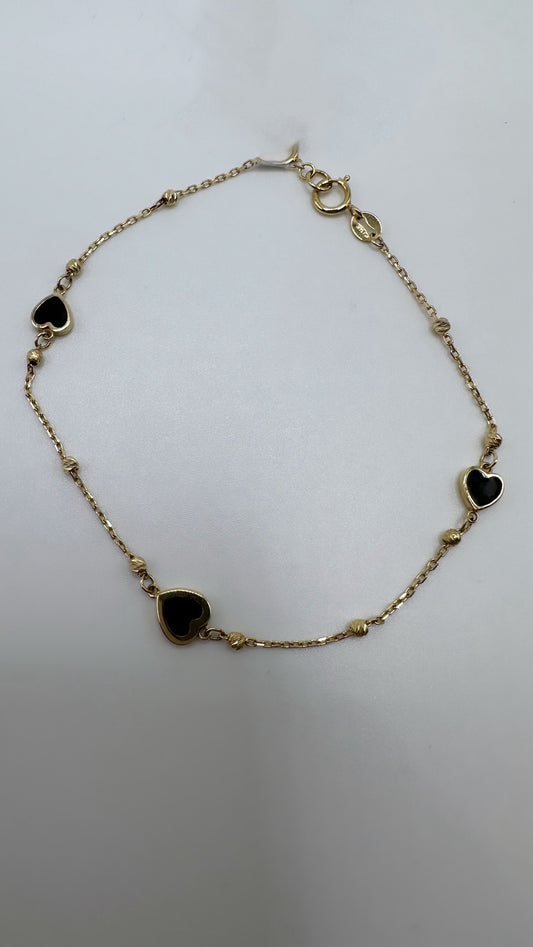 14k Yellow Gold Onyx 3 Heart Bracelet