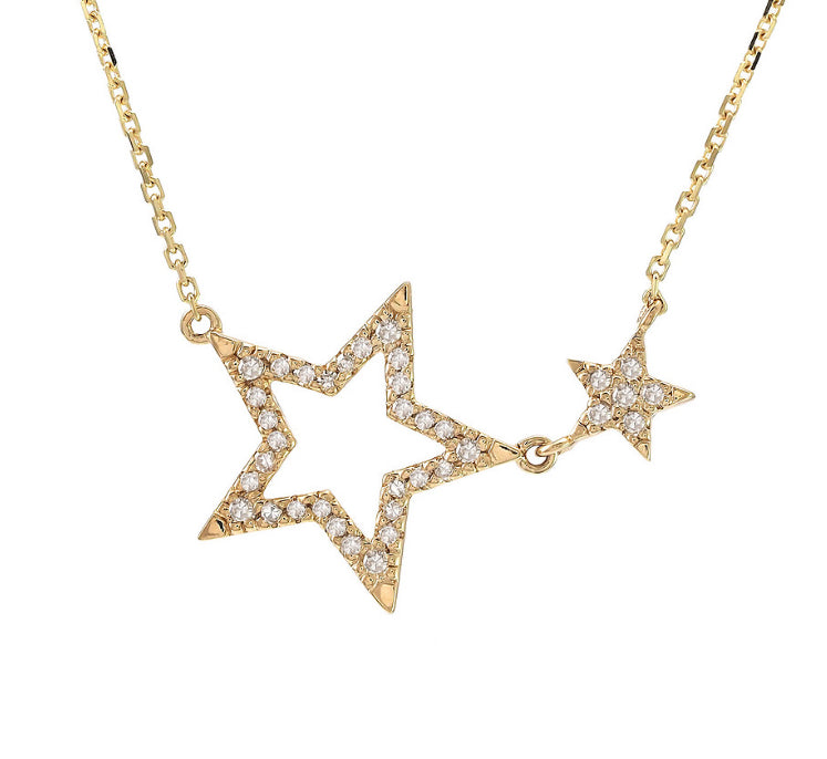 Yellow Gold Double Star Pave Diamond Necklace