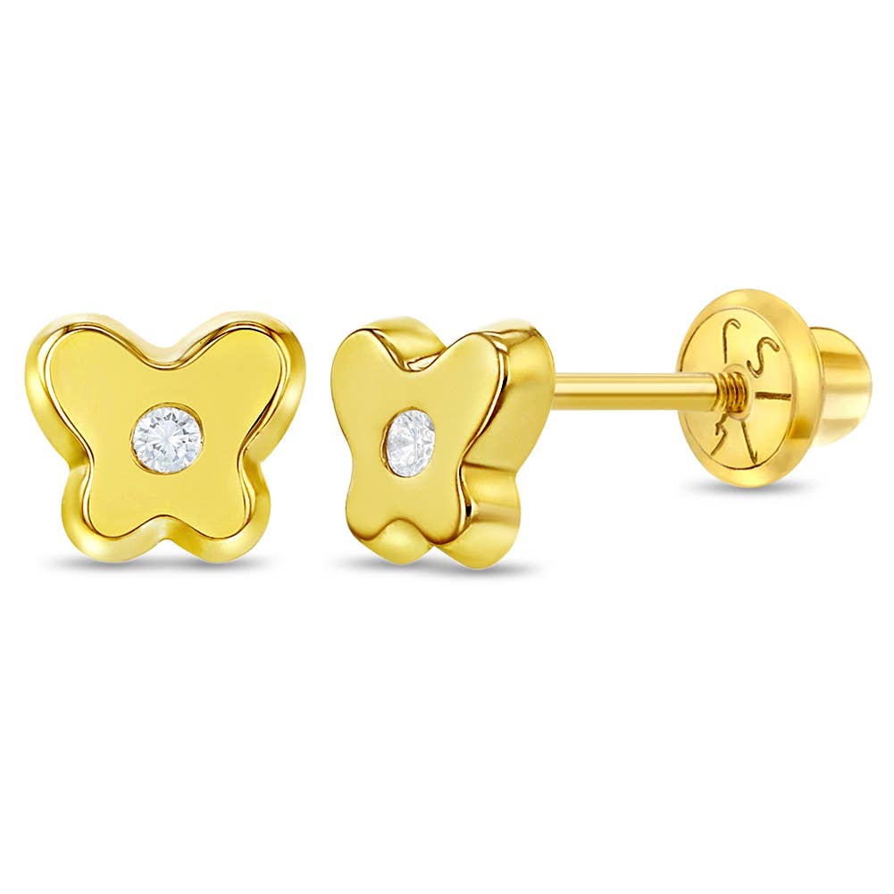 14k Gold Classic CZ Butterfly Baby / Toddler / Kids Earrings