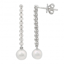 14k White Gold Pearl & Crown Prong Tennis Diamond Earrings