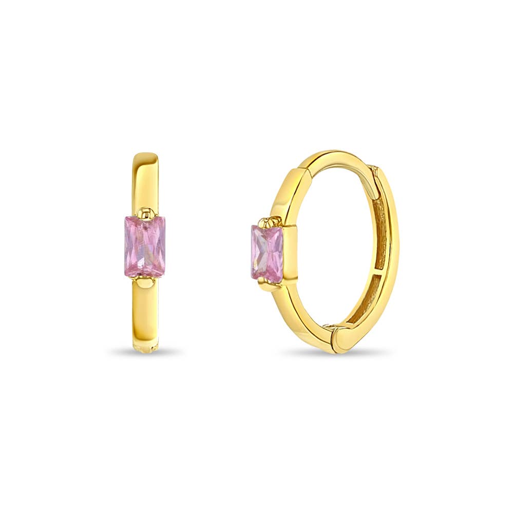 14k Gold Baguette Cut CZ Huggie 9mm Toddler / Kids Earrings