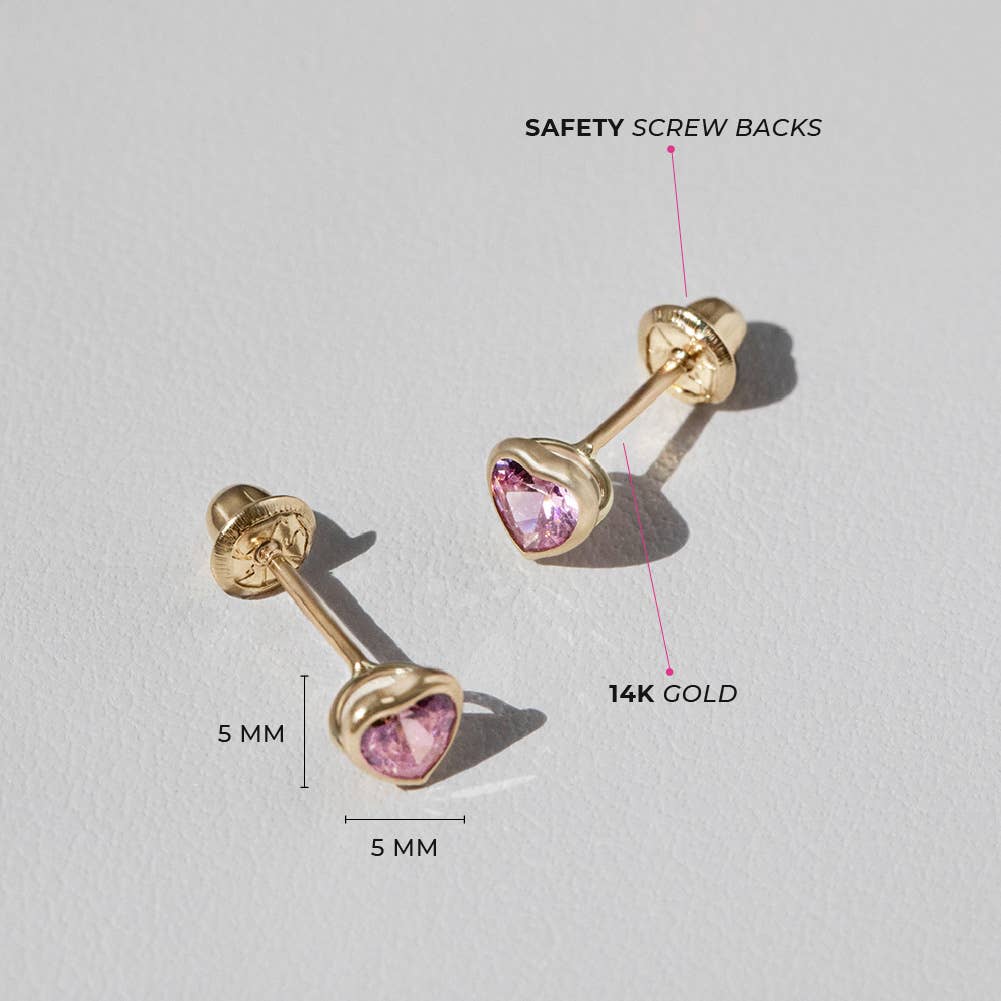 14k Gold Bezel CZ Heart Baby / Toddler / Kids Earrings