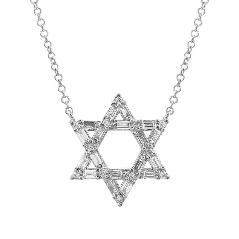 14k Gold Star-of-David Baguette Diamond Necklace
