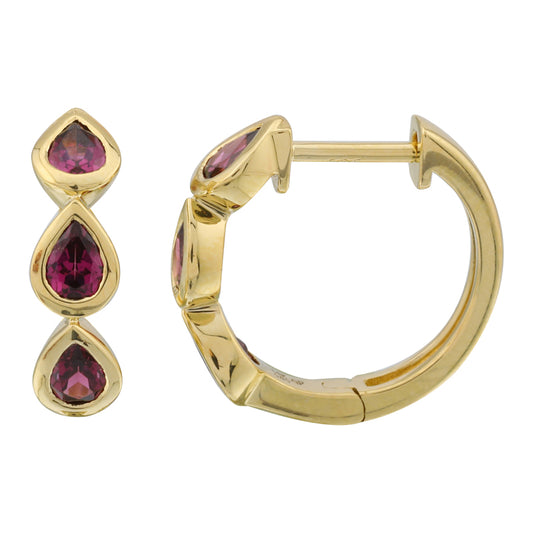 14k Yellow Gold Pear Shape Rhodolite Huggie Earrings