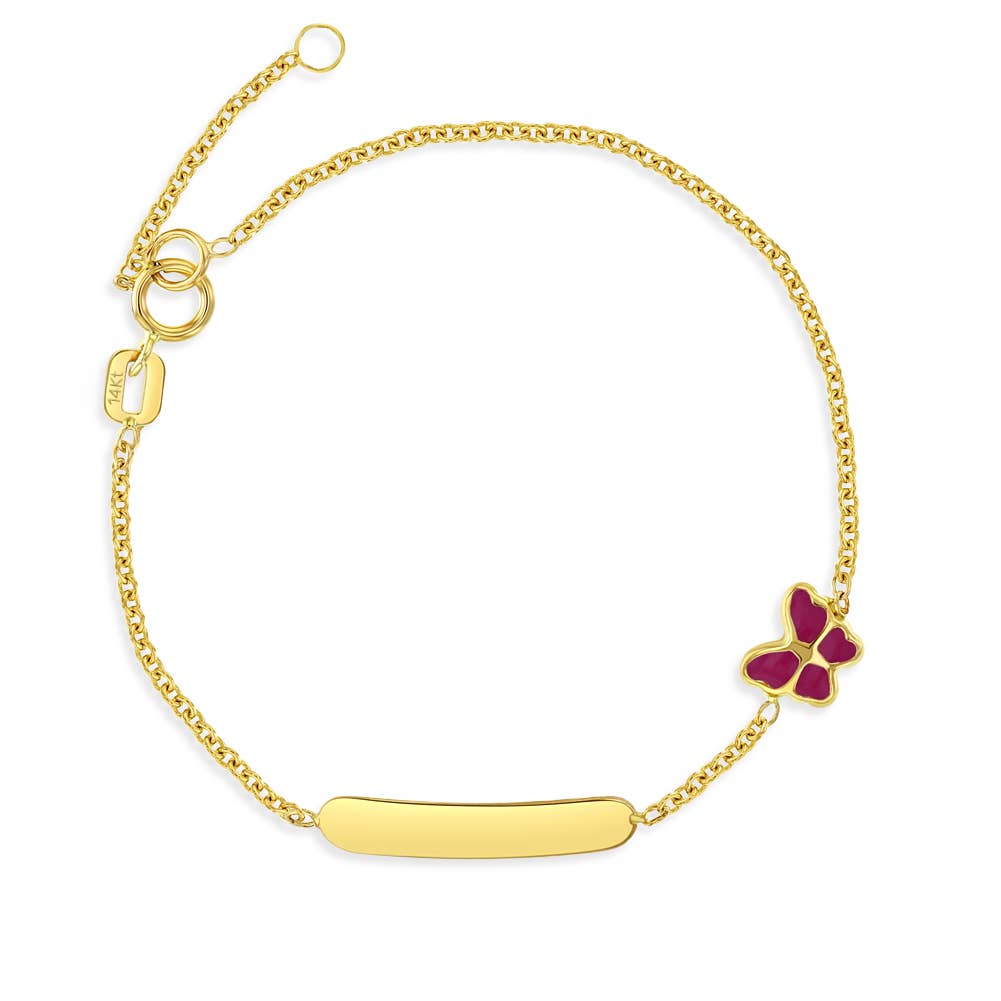 14k Gold 5"- 6" Engravable Pink Butterfly Girls Bracelet