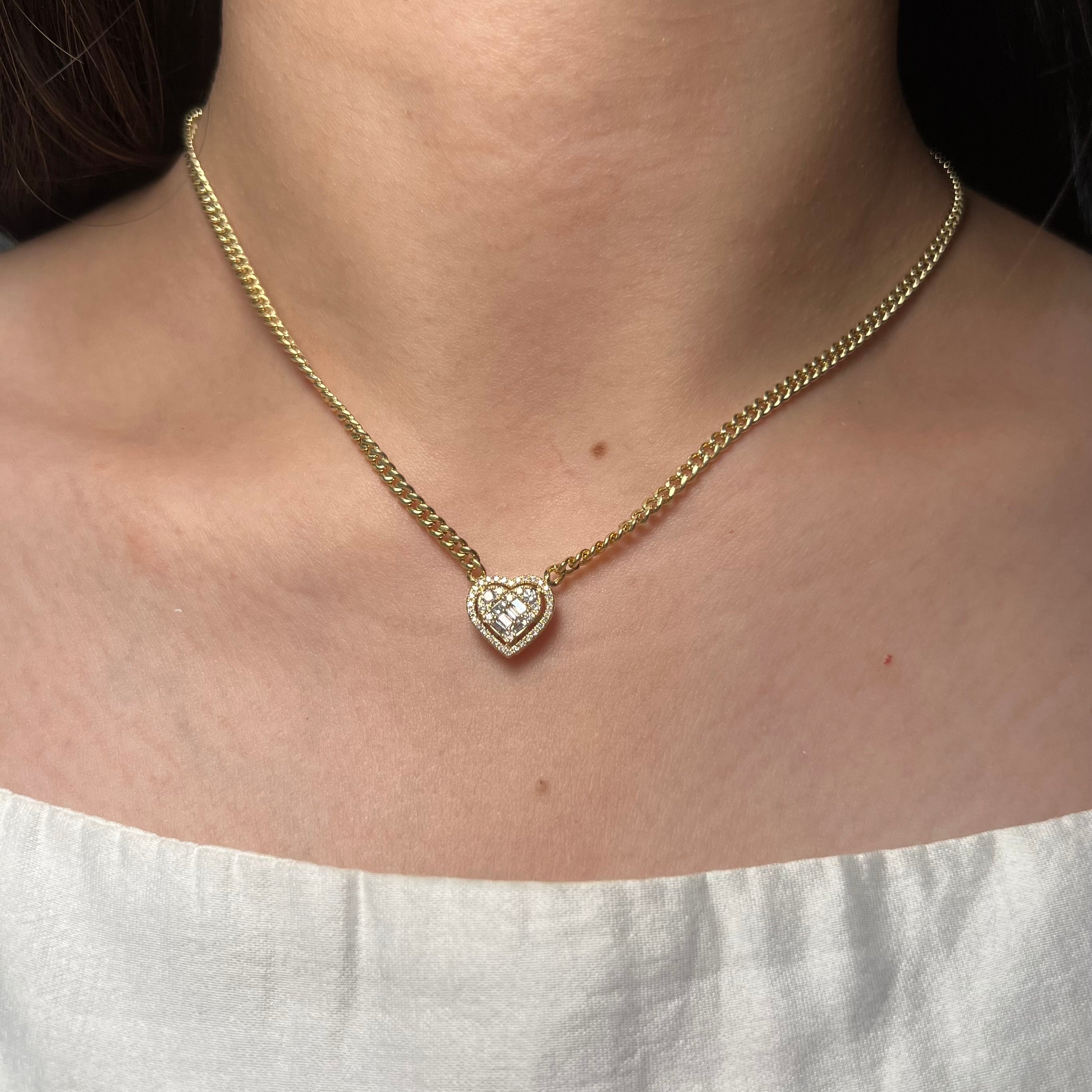 Heart Shape Pendant on 14k Yellow Gold Cuban Necklace