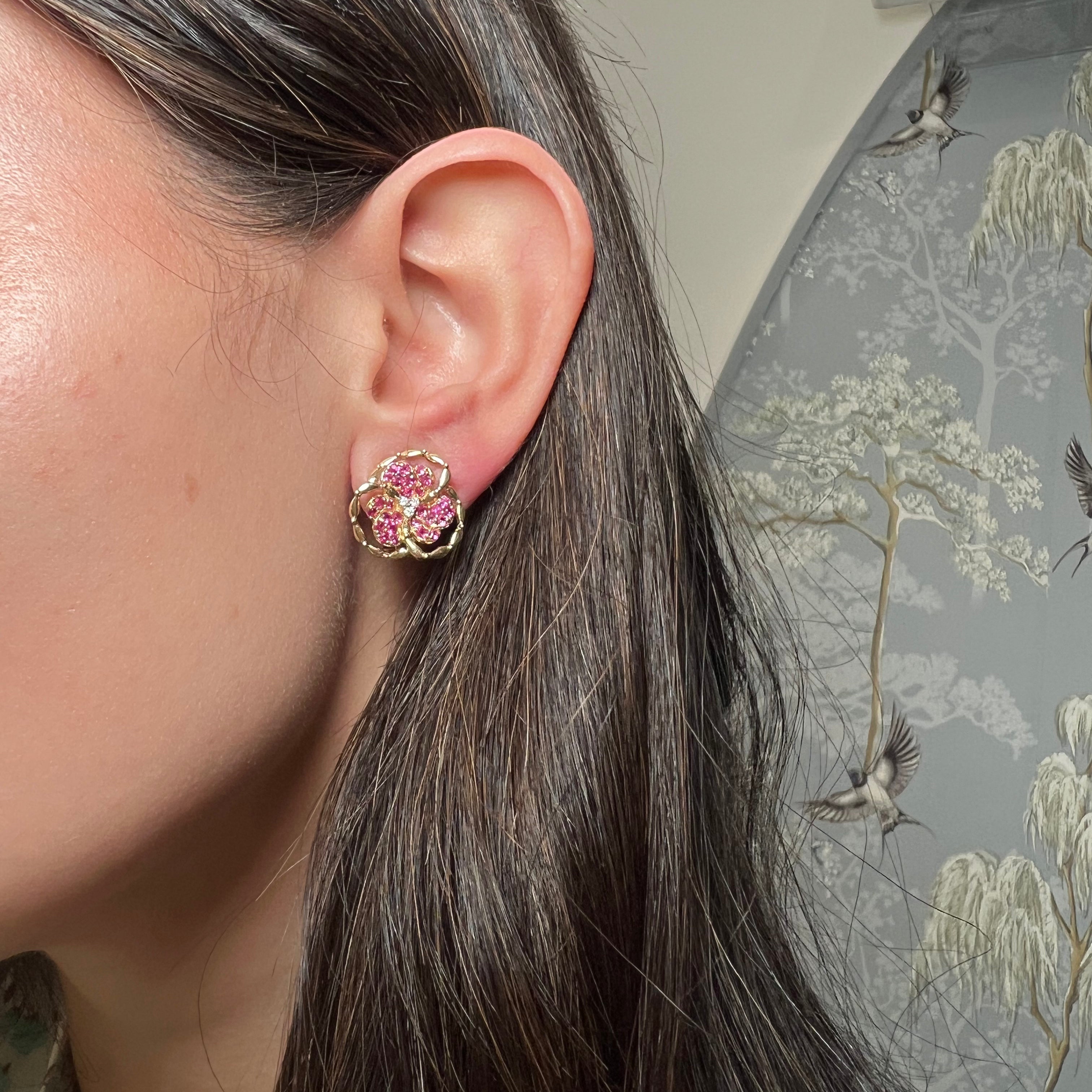 14K Pink Sapphire Flower Studs