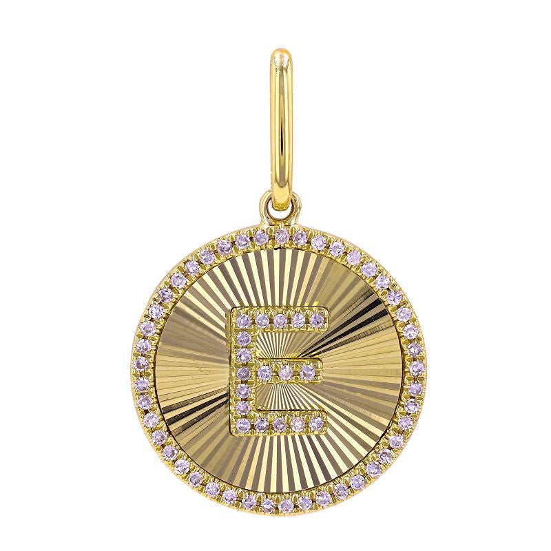 14k Yellow Gold Lines / Fluted Disc Diamond Initial Necklace Charm