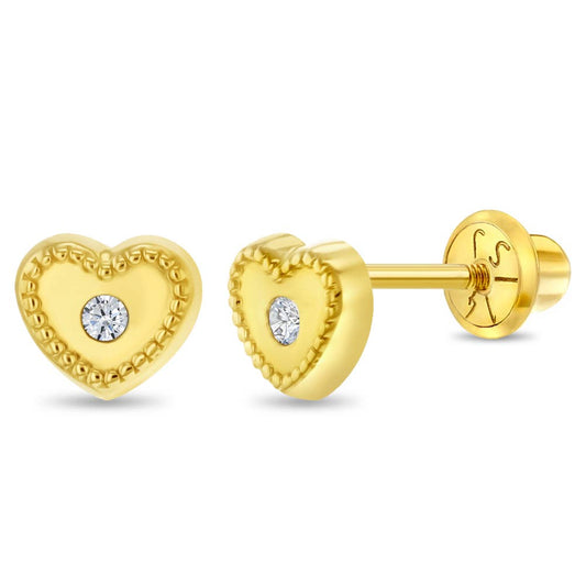 14k Gold Bezel Heart Clear Baby / Toddler / Kids Earrings