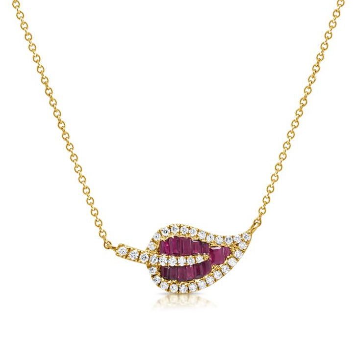 .77CT RUBY AND DIAMOND LEAF PENDANT NECKLACE