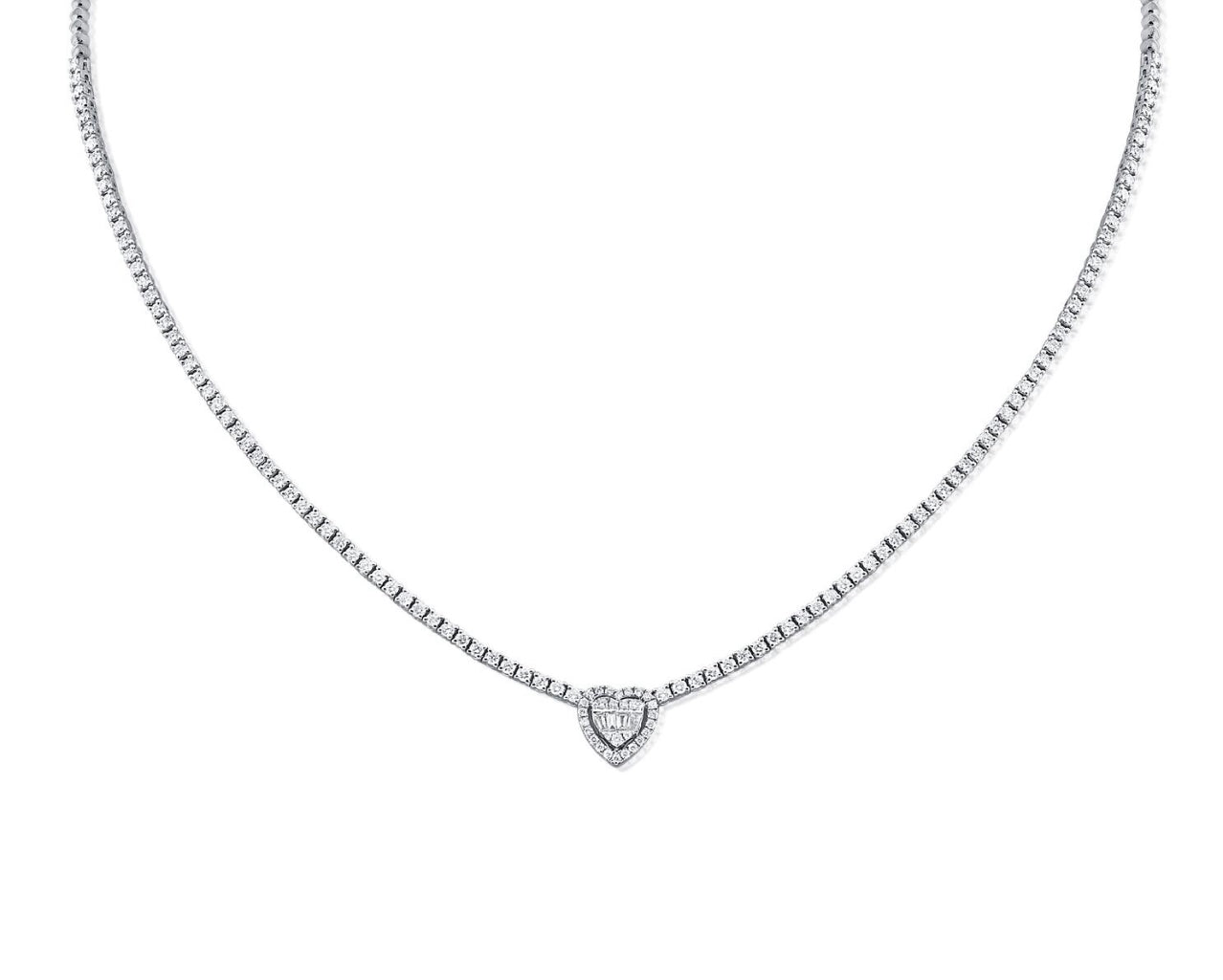 14k White Diamond Heart Tennis Necklace