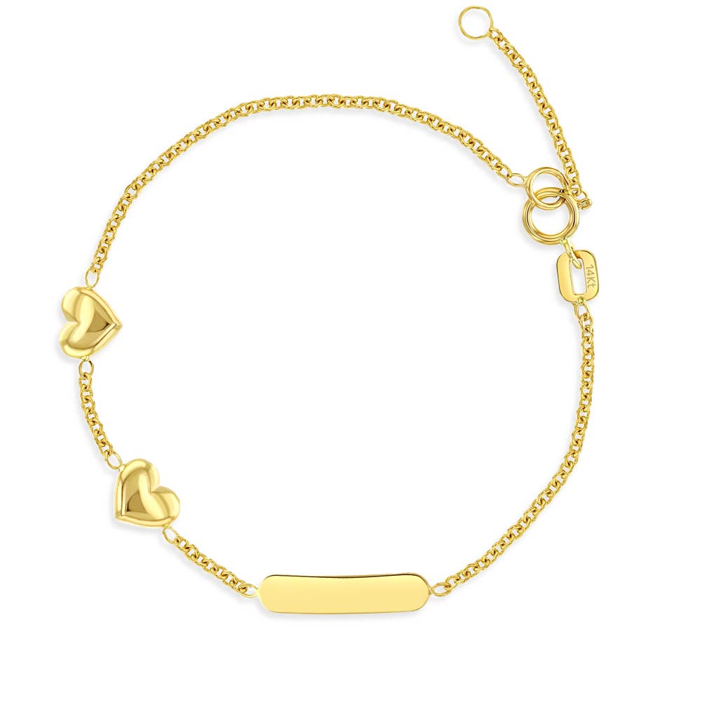 14k Gold 5"- 6" Engravable Puffed Heart Toddler Bracelet