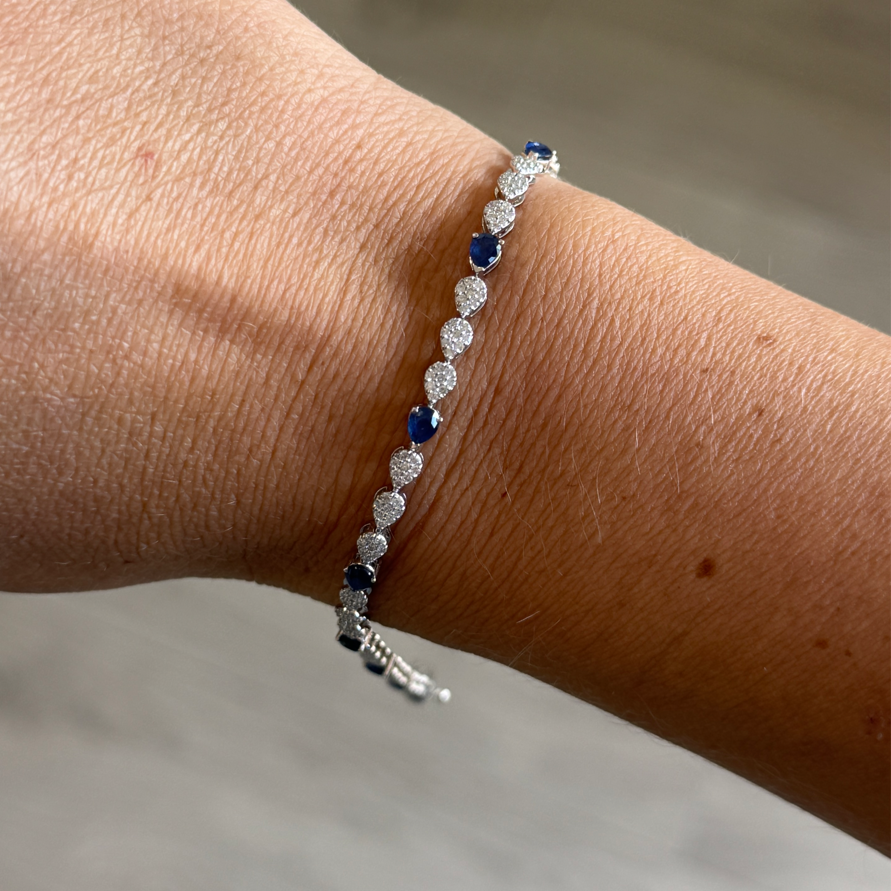 14k White Gold Pear Pave Diamond and Blue Sapphire Tennis Bracelet