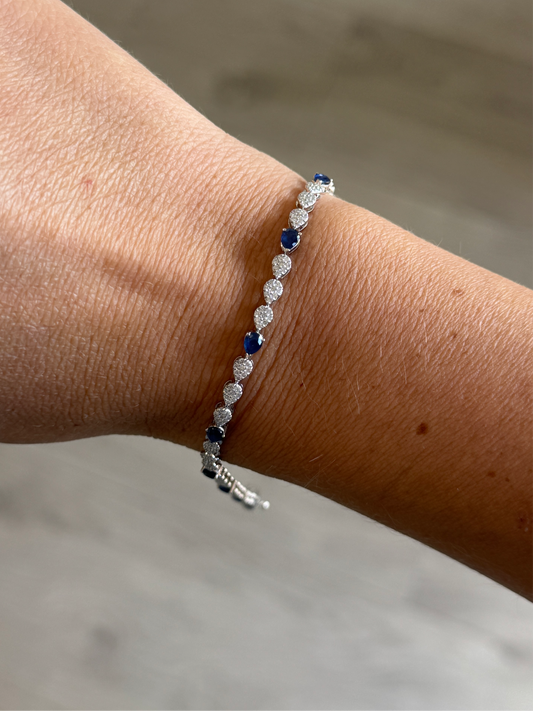 14k White Gold Pear Pave Diamond and Blue Sapphire Tennis Bracelet