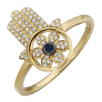 14k Yellow Gold Diamond and Sapphire Hamsa Ring