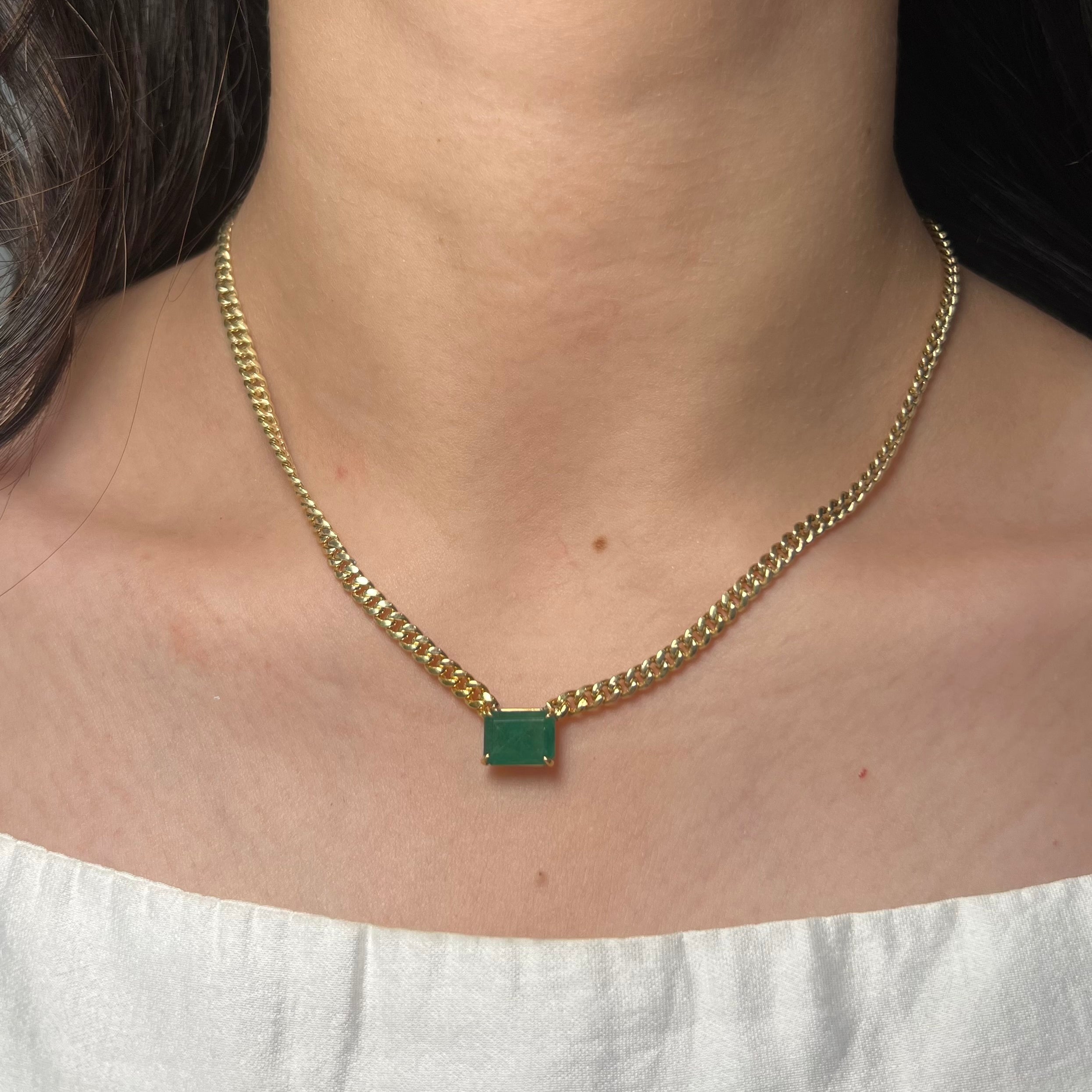 3ct Emerald Pendant on 14k Yellow Gold Cuban Necklace