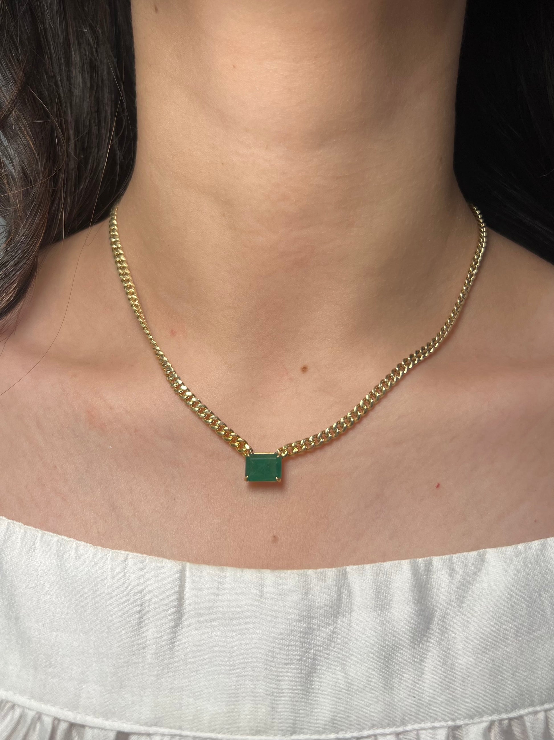 3ct Emerald Pendant on 14k Yellow Gold Cuban Necklace