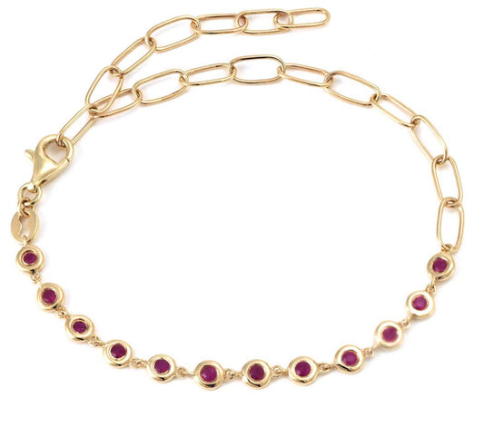 14k Bezel Set Ruby Paper Clip Bracelet