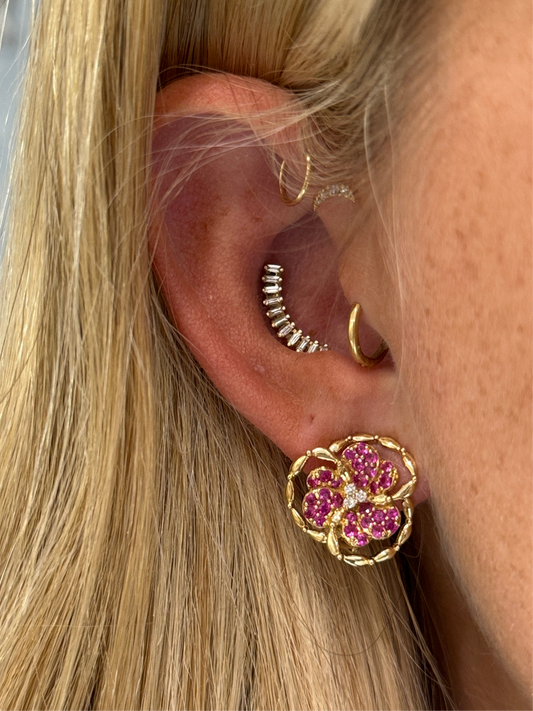 14K Pink Sapphire Flower Studs