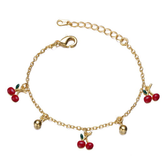 Adjustable Bracelet with Red Enamel Cherry Charms for Kids