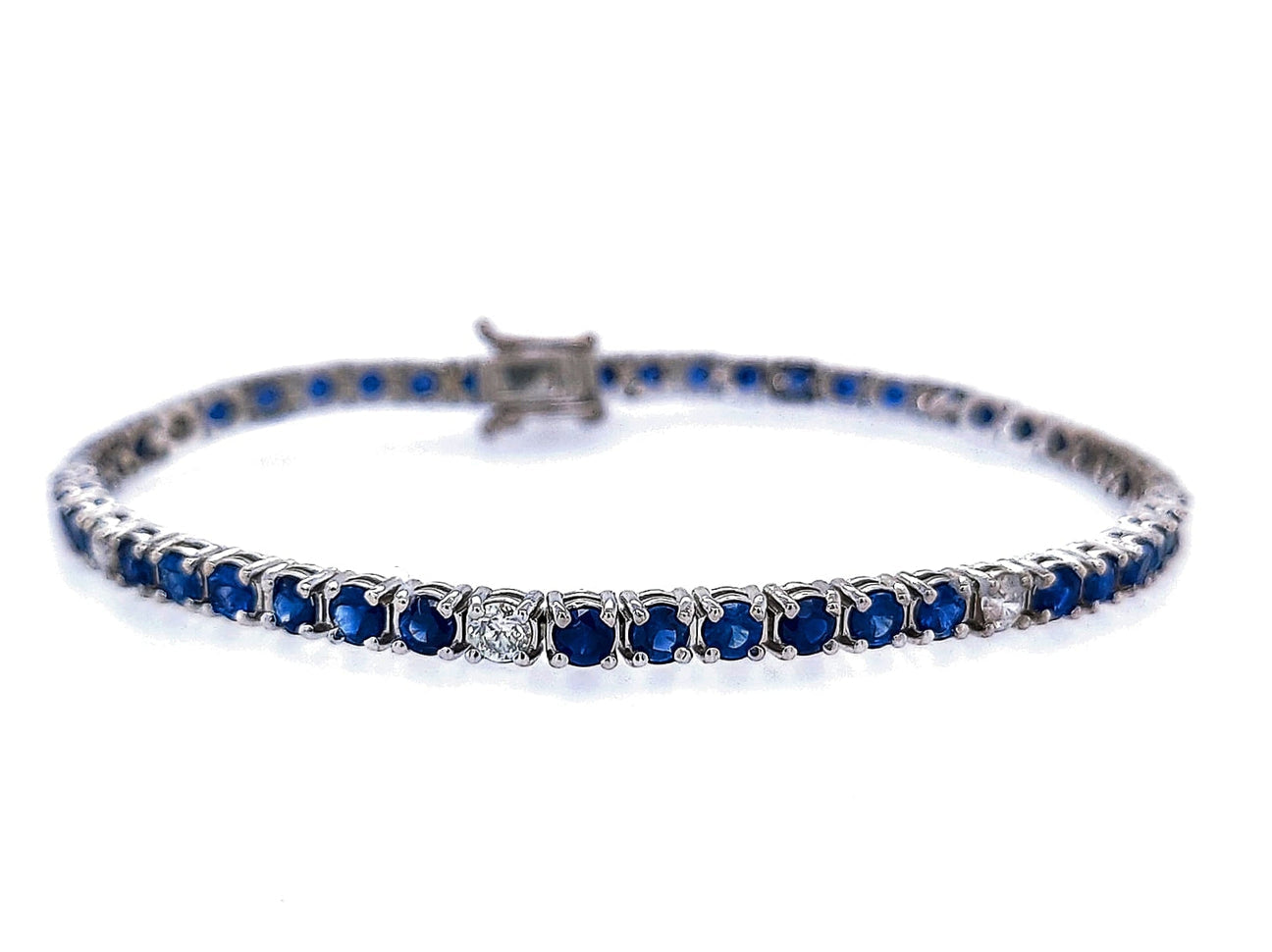 14k White Gold Thin Blue Sapphire and Diamond Tennis Bracelet